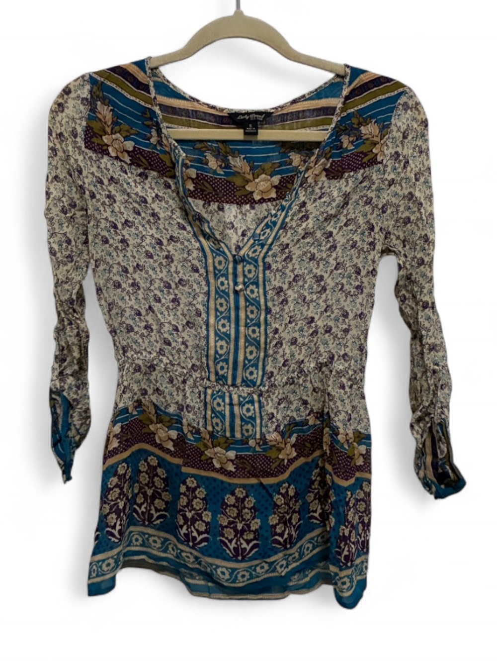 Lucky Brand Teal and Cream Mixed Floral Tunic